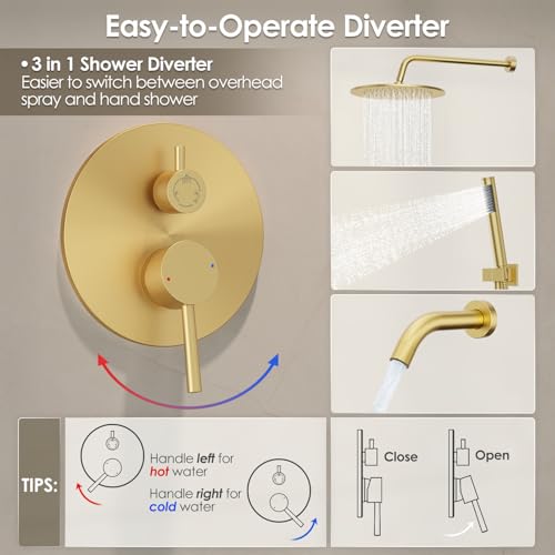 Image of Gabrylly Brushed Gold Bathtub Shower Faucet Set with Tub Spout, 10 Inch Wall Mounted High Pressure Rainfall Shower Head with Handheld Combo, 3-Way Diverter Valve Complete Bathroom Shower Fixtures