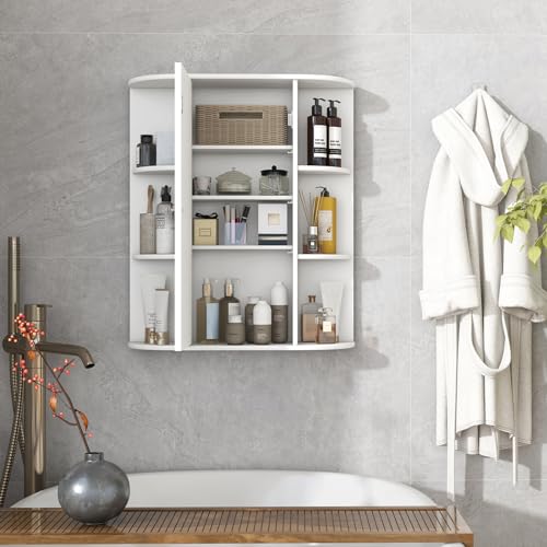 GIANTEX Armario de Baño de Pared, Armario Colgante con 6 Compartimentos Abiertos, Puerta con Espejo y Estante Ajustable, 60 x 16,5 x 71 cm, Gabinete de Pared para Entrada, Baño (Blanco) - imagen 9
