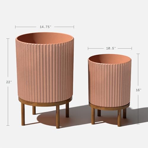 Image of Veradek Demi Series Raised Duo Planters - Set of 2 Planters with Stands | Made From a Durable Plastic-Stone Composite & Comes With Wooden Stand. Modern Porch /Patio Decor