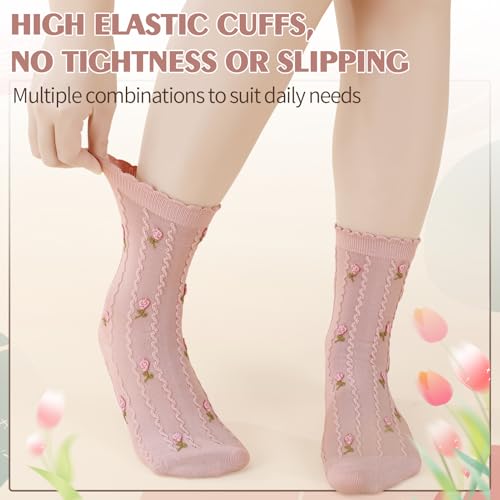 Image of Jspupifip Women Ruffle Socks, 4 Pairs Floral Frilly Socks Casual Ankle Breathable Knit Cute Lettuce Floral Crew Sock Size 5-7
