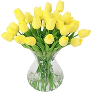 Nubry 30pcs Artificial Tulip Flowers Fake Real Touch Tulips Flower Bouquet for Wedding Arrangements Centerpieces Home Decoration (Yellow)