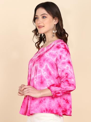 Image of Maaesa Pink Split Tie Dyed Rayon Staple Top