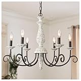 Tescruant French Country Chandelier,6 Lights Farmhouse Chandelier Dining Room Distressed White Wood Chandeliers with Black Metal Arm,Rustic Candle Ceiling Chandelier for Living Room Bedroom, QL3126