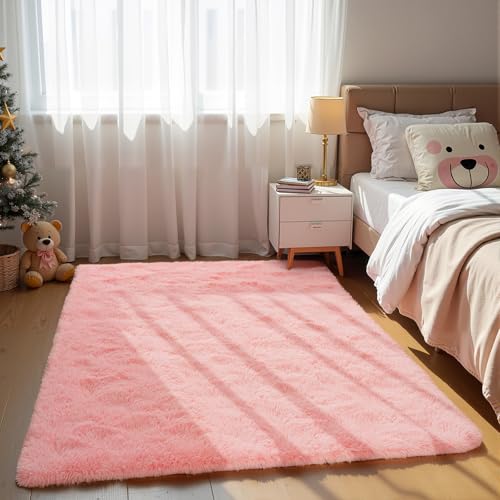 Zentavio Pink Rugs for Girls Room 3x5 Area Rugs for Living Room Small Carpet for Bedroom Cute Washable Soft Fluffy Shag Aesthetic Plush High Pile Throw Rug for Nursery Kids Room Dorm Room