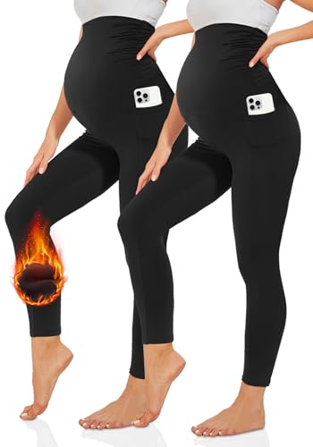 TNNZEET Umstandsleggings Damen Umstandsmode Blickdicht Schwangerschaft Leggings Umstandshose Lang mit Taschen für Yoga(Thermo-Schwarz,S)