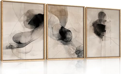 Image of TOARTi Beige Abstract Modern Framed Wall Art Set Neutral Black Ink Line Wall Decor Boho Geometric Line Art Print Watercolor Minimalist Textured Brown Artwork for Living Room Bedroom Office 30x40cm
