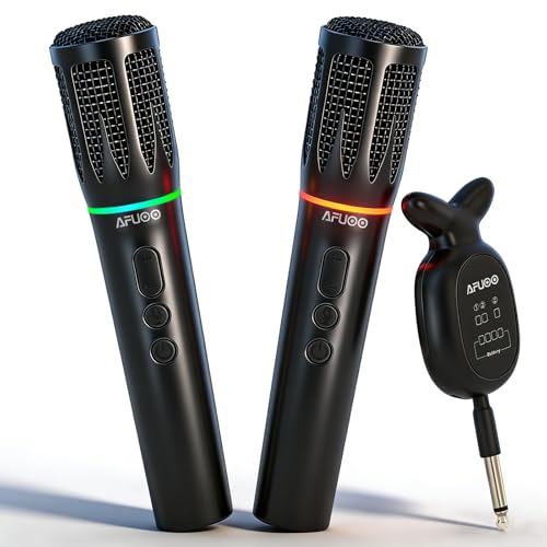 AFUOO Wireless Microphone Set, 2 Rechargeable Handheld Wireless Mics with Bluetooth Receiver, RGB Light, 200FT Range, 24H Battery, Volume Control, 3 Sound Effects, for Karaoke, Singing, Speech