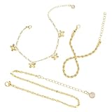 Mikovivi Gold Anklet for Women, Gold Plating 3-Strand Ankle Bracelet Waterproof Cuban Link Herringbone Chain & Butterfly Pendant Anklet Set Trendy Summer Jewelry Beach Gift