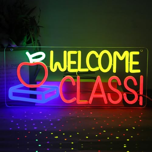 Image of Welcome Class Neon Sign Apple Book LED Sign Back to School Classroom Decor | Dimmable Light Up Signs, Student Classroom Neon Light, Colorful Wall Sign, Acrylic Night Light, School Opens Party Decoration