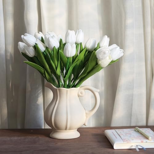 Image of 20 PCS Tulips Artificial Flowers, Real Touch Fake Flowers, White Artificial Tulips That Look Real Wedding Decorations Mother's Day Easter Gifts (20, White)