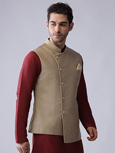 Image of KISAH Men's Cream Jacquard Silk Blend Nehru Jacket- Traditional Indian Waistcoat for Weddings & Royal Parties