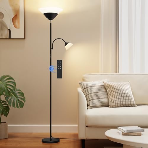 Image of SIBRILLE 2-in-1 Torchiere Floor Lamp, 34W Super Bright LED Standing Lamp with Remote & Touch Control, 72 inch Dimmable Adjustable Corner Reading Lamp for Living Room, Bedroom, Office, Black