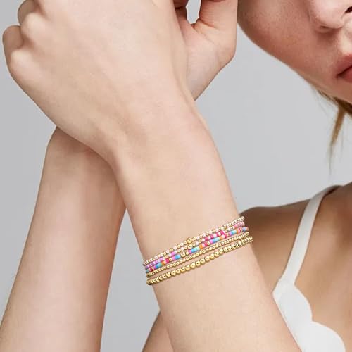 Gold Beaded Stack Bracelets Set for Women, 5Pcs Cute Boho Handmade Colorful Small Beaded Stackable Friendship Stretch Bracelets Prom Jewelry Gift.2