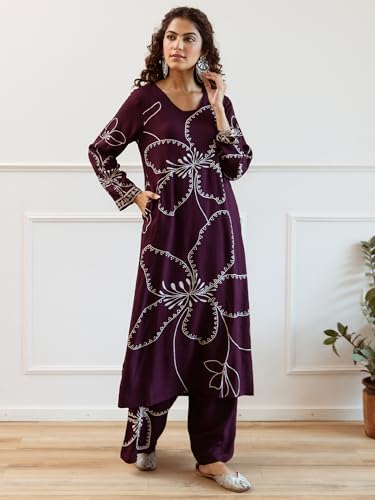 Image of INDO ERA Women Viscose Rayon Floral Embroidered Straight Kurta & Pant Set (IEOUT6941)