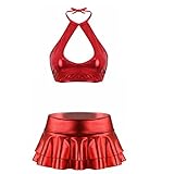 Aiihoo Conjunto de lencería metálica para mujer, conjunto de bikini, sujetador halter + minifalda brillante, ropa interior sexy GOGO Clubwear, A rojo., XL