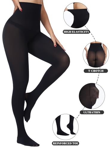 Image of HONENNA Sheer Tights for Women 2 Pairs Ultra Thin Reinforced T Crotch Control Top Pantyhose Stockings