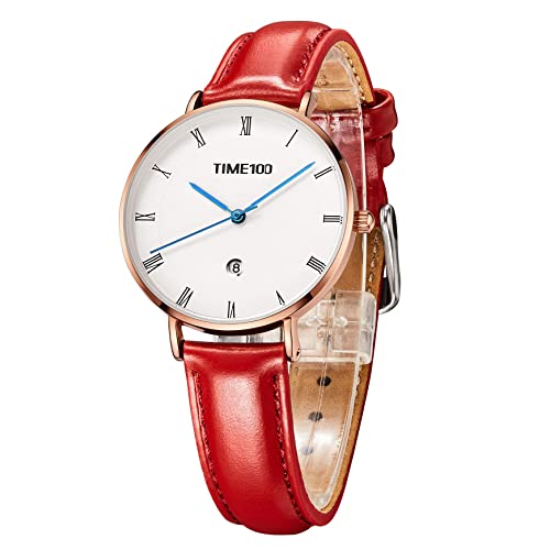 TIME100 Montre pour Femme Quartz Analogique 30mm avec Bracelet en Cuir, Date et Étanchéité