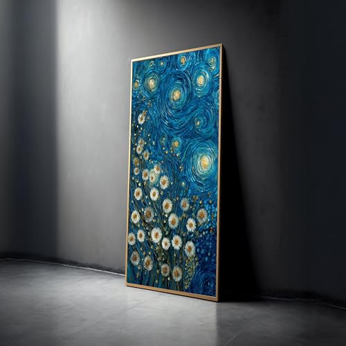Peinture galaxie bleue et marguerites blanches sur toile de qualité premium