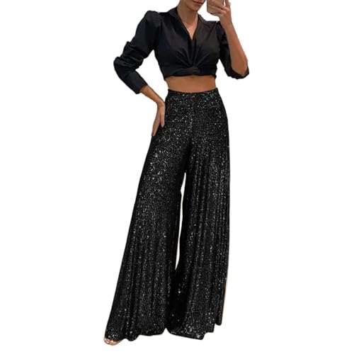 FUPODD Pailletten Hose Damen Weite Plissee Hose Glitzer High Waist Palazzo Hose Frauen Casual Marlenehose Locker Stoffhose Weitem Bein Freizeithose Elegant Culottes Hose Gummizug Lounge Hose Gerade