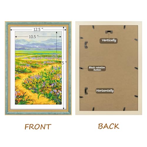 Image of Golden State Art,13x19 Ornate Picture Frame Holds 11x17 Photo,Blue Gold | Includes plexiglass front,white mat,build-in hangers and buttons.Displays 11x17 photo on wall