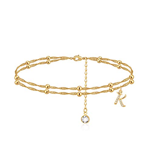 MONOOC Ankle Bracelets for Women, Anklet Letter K, Dainty Gold Plated Anklet Extender Anklet Initial Beach Anklets Double Layered Beaded Anklets for Women
