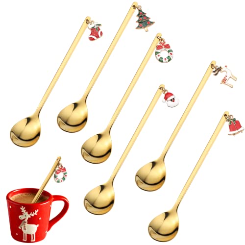 JUSTDOLIFE Cuchara de Navidad de acero inoxidable - 6PCS Cuchara de postre de mango largo para mezclar Cover