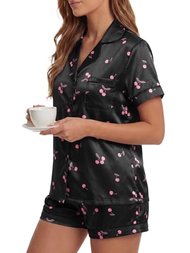 Image of LYANER Women's Satin Silky Pajamas Set Short Sleeve Button Shirt with Shorts Pjs Sleepwear Loungewear