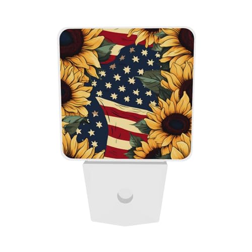 Image of Red Stars and Lines Sunflowers LED Plug-in Night Light 2-Pack, Auto Sensor Nightlights Set of 2 for Bedroom Bathroom