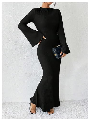 Image of GORGLITTER Women's Bell Long Sleeve Cocktail Maxi Dress Crew Neck Bodycon Fishtail Casual Long Dresses