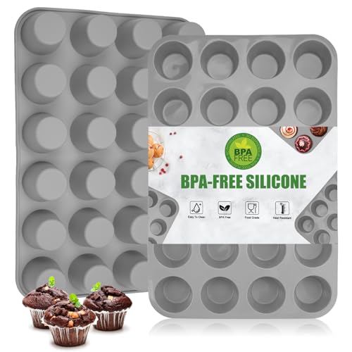 2 Pièces Moule Muffins Silicone pour 24 Muffins,Anti-adhésif Plaque de Moule à Muffins,Moules à Cupcakes et Muffins sans BPA,Mini Moule a Muffin...