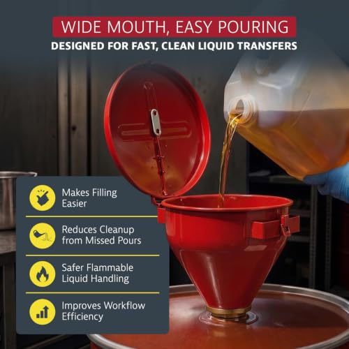 Image of Justrite Drum Funnel for Flammables, Self-Closing Cover, Red, Made in USA