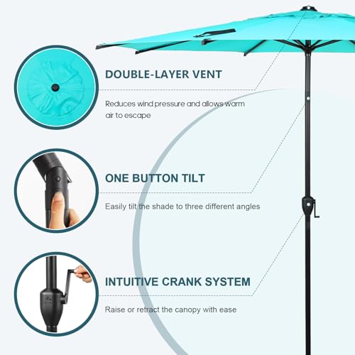 Image of Abba Patio 9FT Lyon Outdoor Patio Umbrella Outdoor Table Umbrella with Push Button Tilt and Crank Market Umbrella 8 Sturdy Ribs UV Protection Waterproof for Garden Deck Backyard Pool, Turquoise