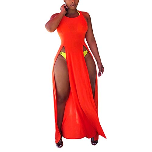 JUNBOON Sexy Sleeveless V-Neck Split Long Beach Dress Floral Print Maxi Dress