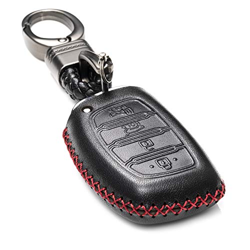 Vitodeco Leather Keyless Entry Remote Control Smart Key Case Cover Compatible for Hyundai Elantra, Sonata, Tucson (4 Buttons, Black/Red)