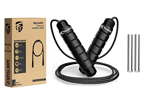Image of FirstFit Jump Rope Tangle-Free Rapid Speed Jumping Rope Cable with Ball Bearings for Women, Men, and Kids, Adjustable Steel Skipping Rope with Foam Handles for Gym Fitness with Pair of 120gm Weight - Assorted Color