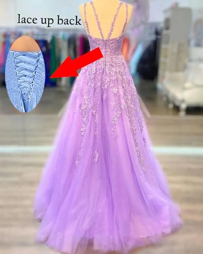 Spaghetti Straps Tulle Prom Dress with Applique V Neck Long Formal Ball Gowns A Line Floral Evening Dresses2