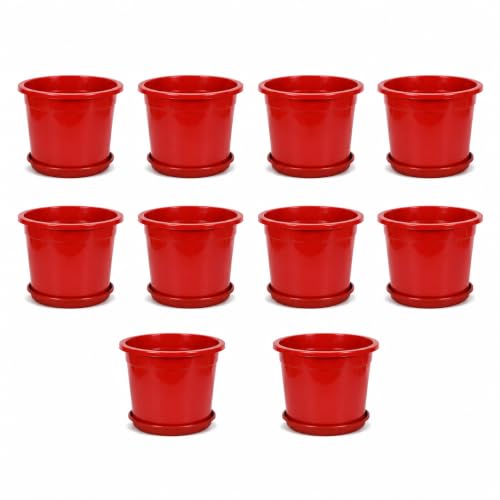 Image of 12 Inch Glossy Red Plastic Planter with Bottom Plate | Heavy Duty Flower Pot with Tray for Indoor Home Decor, Balcony, Living Room & Outdoor Garden (10 Pot, Red)