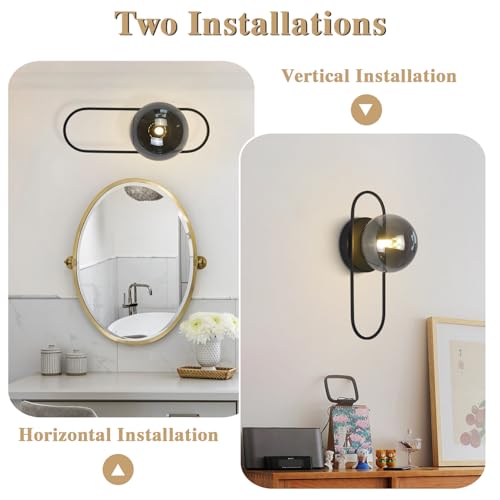 Image of Black Globe Wall Sconce Mid Century Modern Bathroom Vanity Light Fixture Small Black and Glass Wall Mounted Light Vintage Hallway Sconces Wall Lighting (2 Pack)