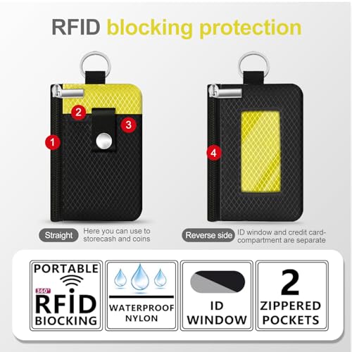 Image of Minimalist RFID Blocking Small Wallet with ID Window,WaterResistant Zip Id Case Wallet with Lanyard Keychain for Cards,Cash,Travel,Women,Men (Black /Lemon Yellow)