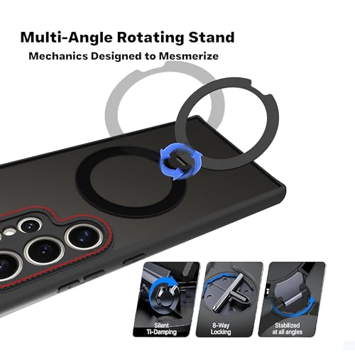 Image of RIGGEAR Shockproof Tough Hybrid Armor 360 Rotating Magnetic Ring Stand Back Cover Case Compatible with MagSafe Accessories for Samsung Galaxy S24 Ultra (Smoke Black Matte PC and Black TPU Bumper)