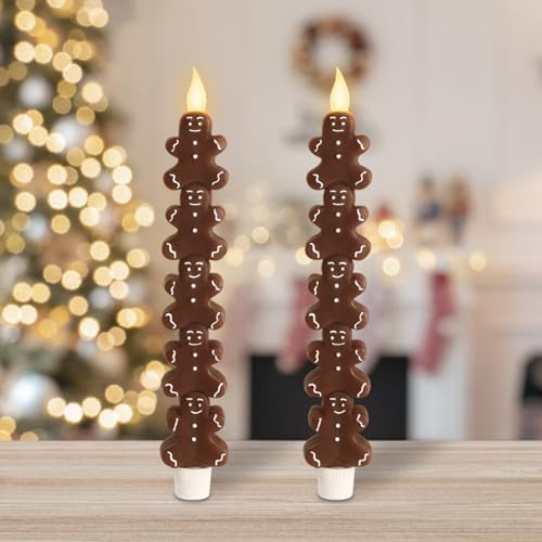 Image of Crystal Club Christmas Flameless Taper Candles with Remote, Carving Gingerbread Men Battery Operated Flickering LED Candlesticks for Holiday Party Decor, Table Centerpiece, Set of 2