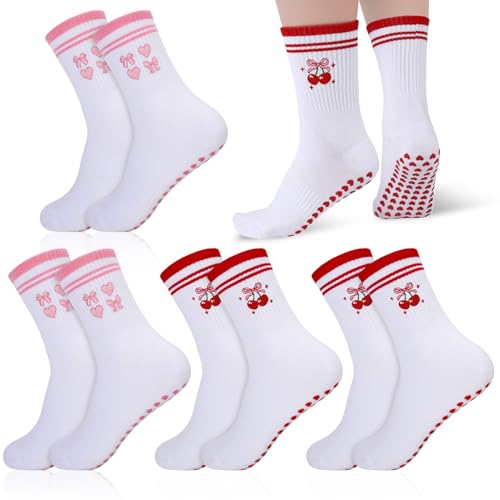 Jspupifip 4 Pairs Pilates Socks with Grip for Women Embroidery Non-Slip Yoga Socks with Heart Striped Cherry Bow Patterns for Barre Workout Hospital (4 Pairs)