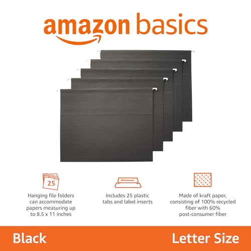 Image of Amazon Basics Hanging File Folders with Adjustable Tabs for Document Organization, Letter Size, 8.5x11 inches, Black, 25-Pack