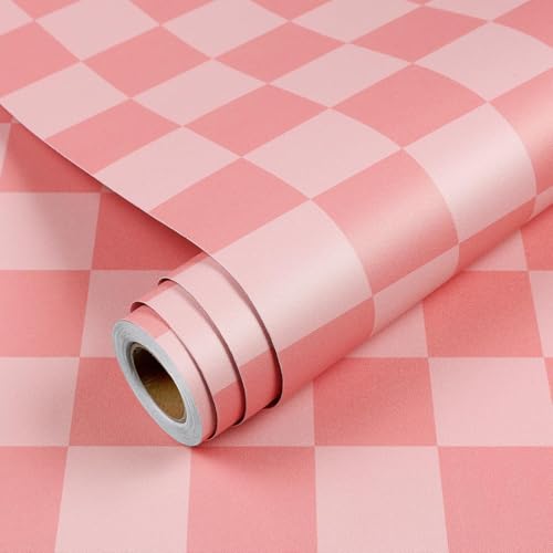 YENHOME Papier Peint Adhesif Damier Rose 44.5x300cm Papier Peint Autocollant Mural Rose Géométrique pour Chambre de Fille Salon Film Adhesif pour Meubles à...