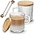 Mfacoy 2 PACK Glass Coffee Mugs with Handle & Spoon, 12 OZ Glass Coffee Cups with Bamboo Lid, Ribbed Glass Cups, Clear Tea Cup for Hot/Cold Beverages, Glassware Set for Americano, Latte, Cappuccino