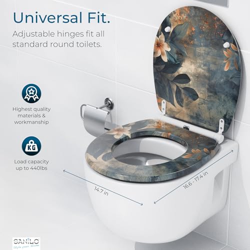 Image of Sanilo Wooden Toilet Seat with Quick Release & Soft Close [ROUND] - Decorative & Slow Close Molded Wood Seat - With One Click for Easy Installation & Cleaning - With Adjustable Fit (Lilybud)
