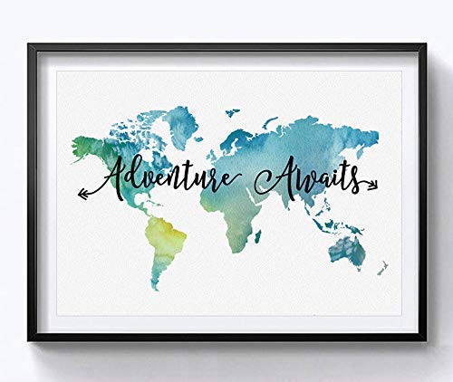Zearpt Adventure Awaits Teal World Map Painting Watercolor Art Print Travel Quote Wall Decor Wall Hanging The World Map Decor 8X10 Inch No Frame thumb #1