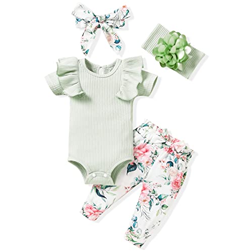 Image of Unutiylo Preemie Newborn Baby Girls Clothes Ribbed Romper Bodysuit Pants Set Ruffle Spring Summer Outfits