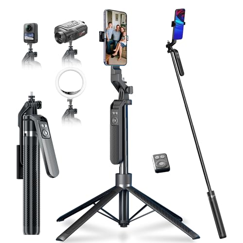 70" Tripod for Phone, Portable All in One Extendable Cell Phone Tripod Stand, Tall Travel Tripods for Recording Video Selfies Photo, with Wireless Remote Control for iPhone、Samsung、Android