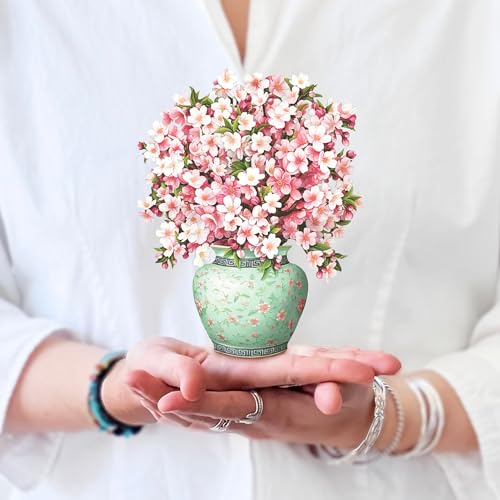 Freshcut Paper Pop Up Cards, Mini Cherry Blossoms, 6 Inch Mini Sized Forever Flower Bouquet 3D Popup Greeting Cards, Birthday Cards, Valentine's Day Card, Blank Notecard & Envelope